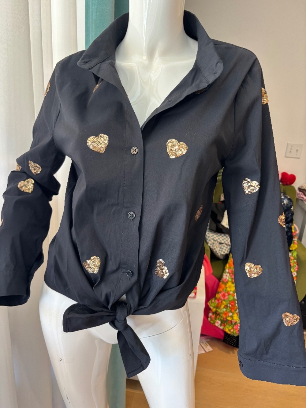 AZI Black with Gold Heart Button Down Shirt